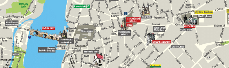 Mapa historick ho centra Prahy s vyzna en mi v znamn mi pam tkami, ulicemi a trasou lodn dopravy po Vltav .  Popis generovan  AI