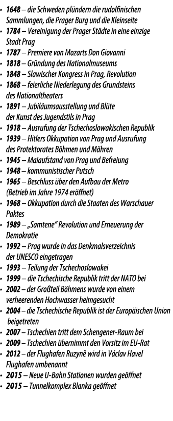 • 1648 – die Schweden pl ndern die rudolfinischen Sammlungen, die Prager Burg und die Kleinseite • 1784 – Vereinigung...