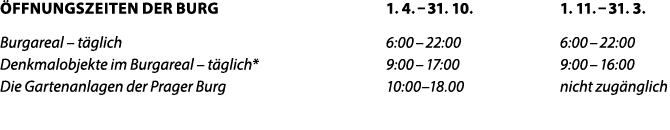  FFNUNGSZEITEN DER BURG 1. 4. – 31. 10. 1. 11. – 31. 3. Burgareal – t glich 6:00 – 22:00 6:00 – 22:00 Denkmalobjekte ...