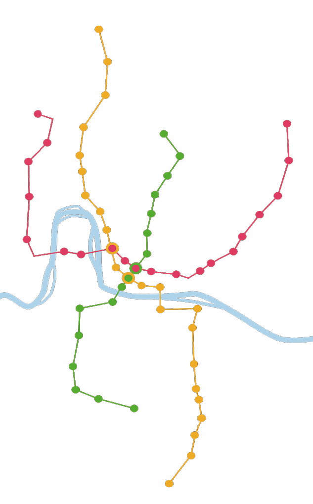 Mapa metra s n kolika barevn odli en mi trasami a  ekou prot kaj c  st edem.  Popis generovan  AI