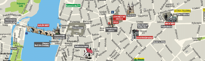 Mapa historick ho centra Prahy s vyzna en mi v znamn mi pam tkami, ulicemi a trasou lodn dopravy po Vltav .  Popis generovan  AI