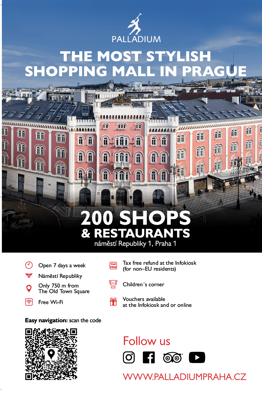 Reklama na n kupn centrum Palladium v Praze s informacemi o obchodech, restaurac ch, dostupnosti a slu b ch v etn  QR k du a webov  adresy.  Popis generovan  AI