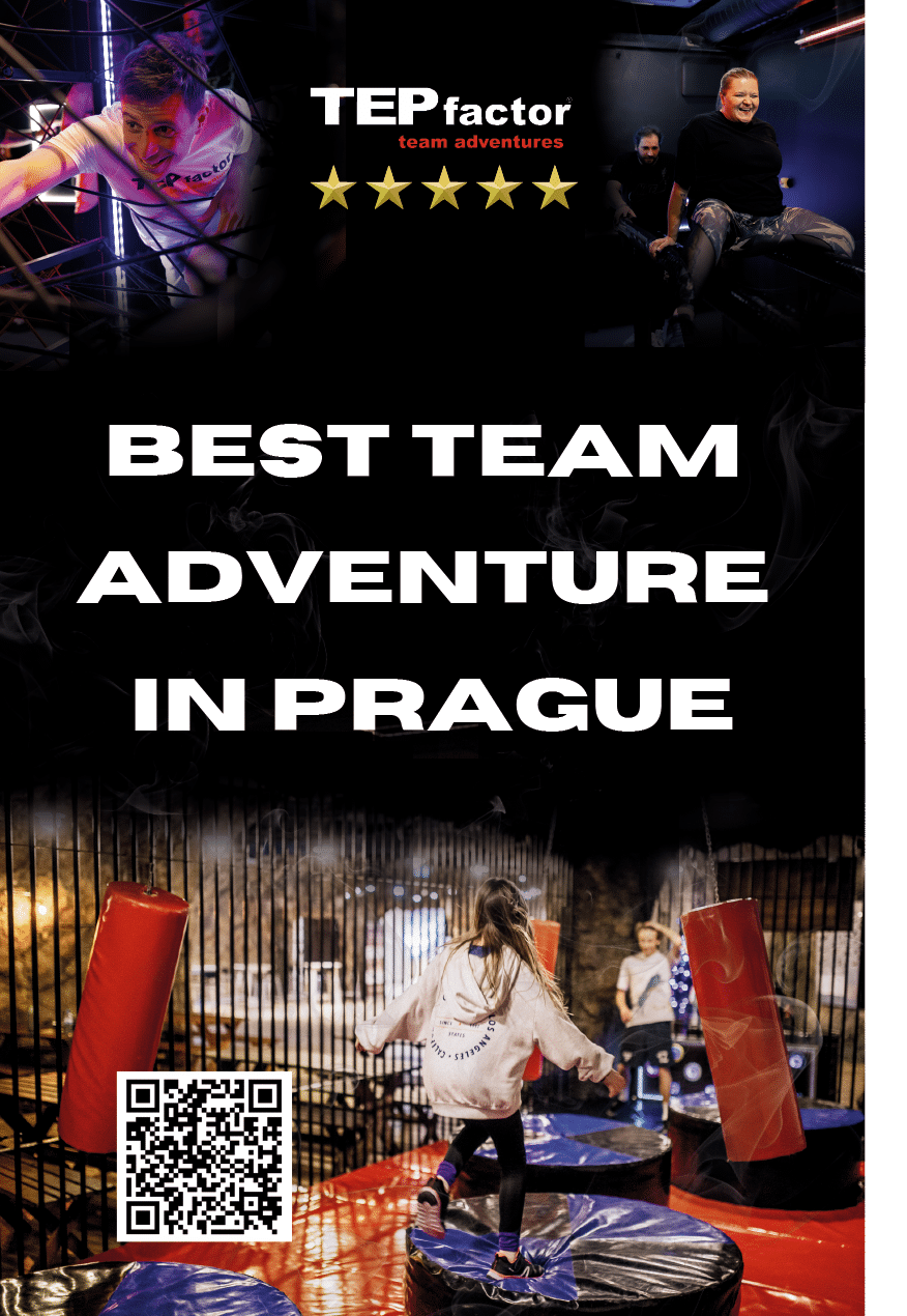 Reklamn grafika propaguj c  nejlep   t mov  dobrodru stv  v Praze s fotografiemi lid  zapojen ch do r zn ch adrenalinov ch aktivit v interi ru.  Popis generovan  AI