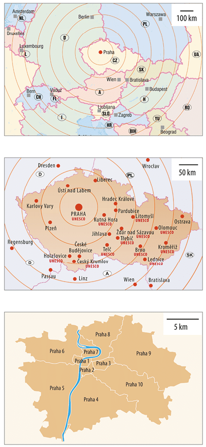 Mapa zn zor uje polohu Prahy v Evrop , jej okoln  m sta a oblasti v etn  detailn ch map s vyzna en m Prahy a jej ch   st .  Popis generovan  AI